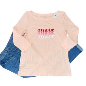 NWT LOFT Pink W/Amour LOVE Graphic Boatneck Long Sleeved Top
